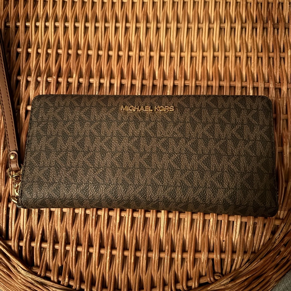 Michael Kors Dark Brown MK Monogram Zip-Around Wallet with Gold Accents